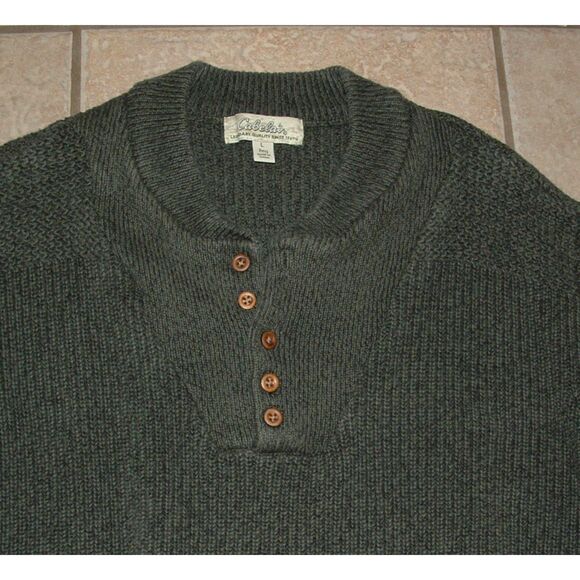 CABELA'S Green Sz Large Long Sleeve Thick Cotton Cozy Pullover Henley Sweater - Picture 2 of 2